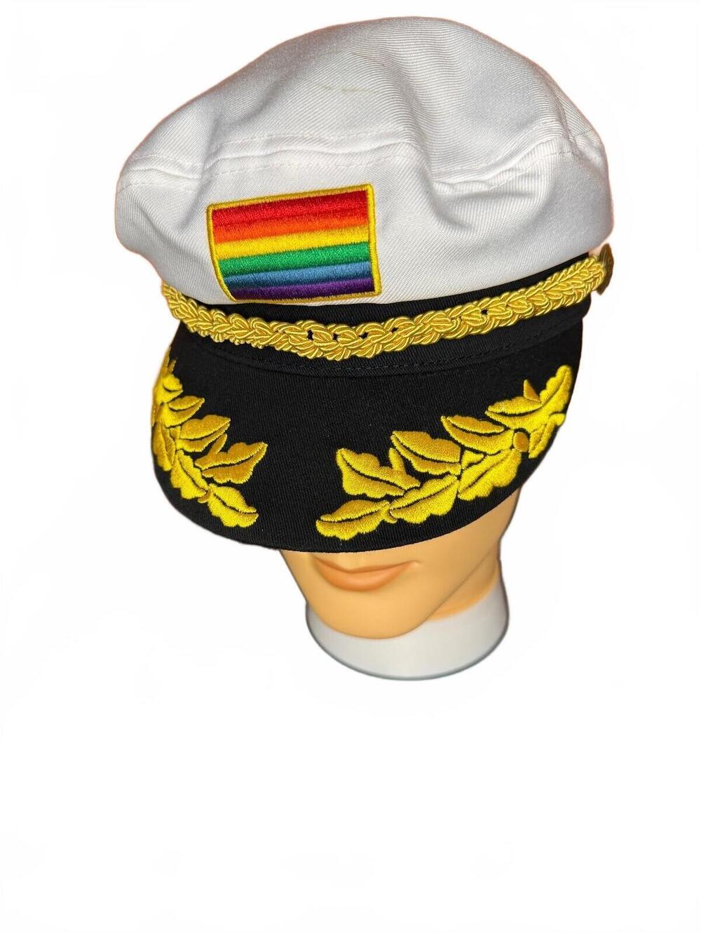 Vintage pride Captains Hat with Rainbow Patch and Gold Embroidery one size